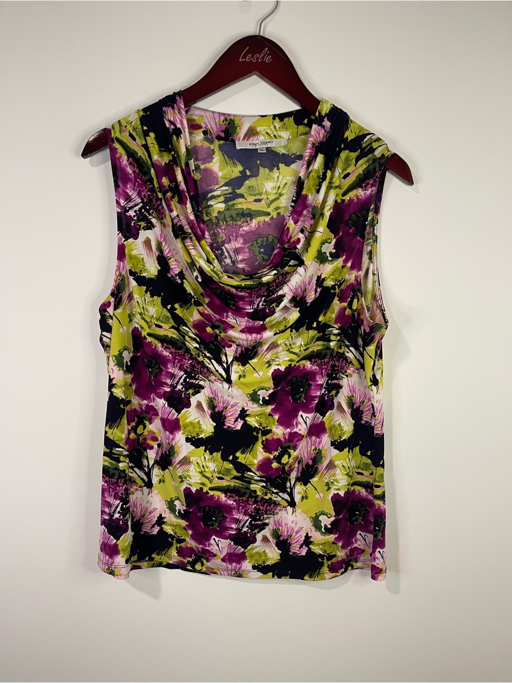 Jones Studio Floral Cowl Neck Sleeveless Top - Purple, Green, Black